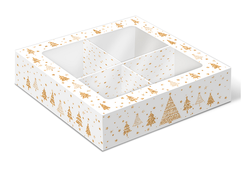 Коробка с окном 4 макаронс/моти/конфеты Золотые елочки, 126х126х35 мм (крышка-дно) — изображение 4